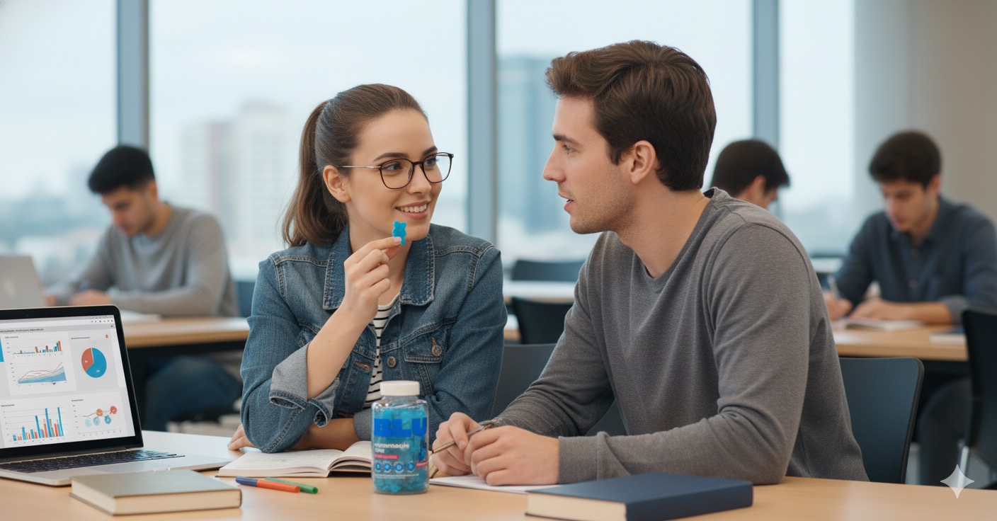 Jovem sorrindo segurando um gummy azul BLU enquanto conversa com colega em sala de aula, com o pote de gummies BLU sobre a mesa